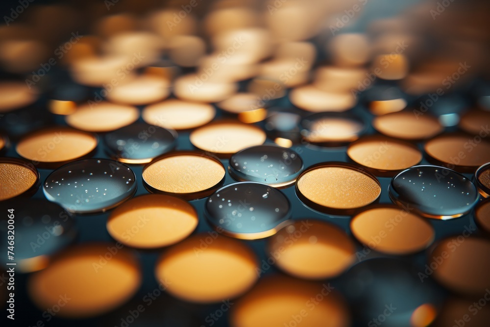 A detailed view of numerous water droplets clustered together, reflecting light and showcasing intricate patterns and textures A detailed view of numerous water droplets clustered together, reflecting light and showcasing intricate patterns and textures