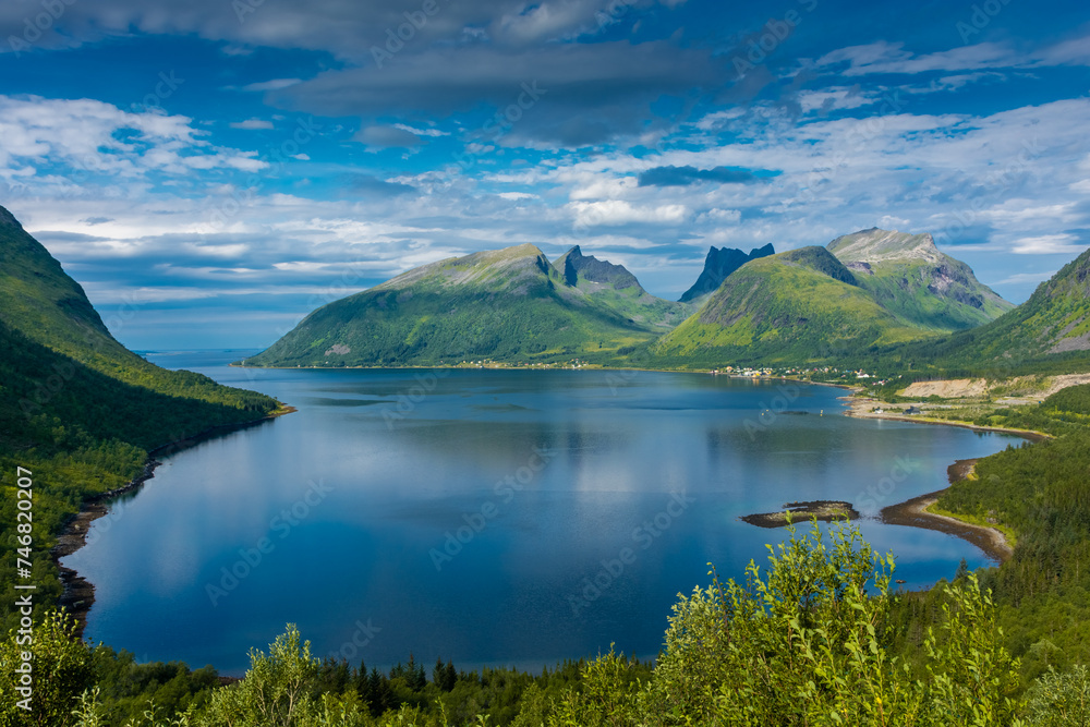Beautiful landscape over the fjord of Senja Island from Bergsbotn Platform,  Norway