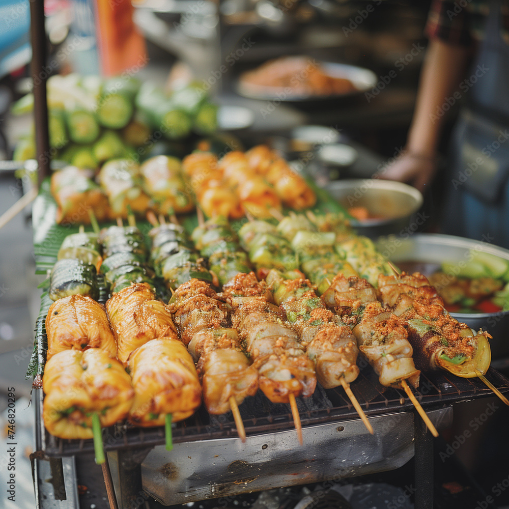 Street Food Delicacies: Grilled Skewers at an Outdoor Market