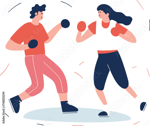 Woman and man boxing workout, wearing casual sportswear. Female and male exercising, dynamic stance, amateur boxing. Fitness and recreational sports vector illustration.