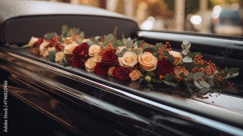 arrangement of flowers on the wedding car  flowers in the car interior  they are arranged neatly and securely attached.