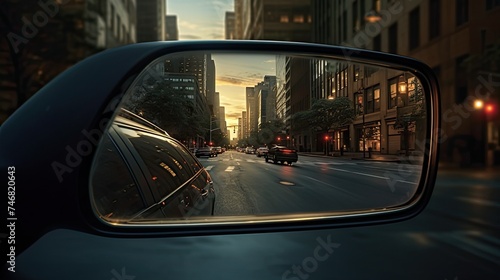 Rear view mirror, reflections and distortions in the mirror. Environment, other vehicles or car interior reflected in a mirror