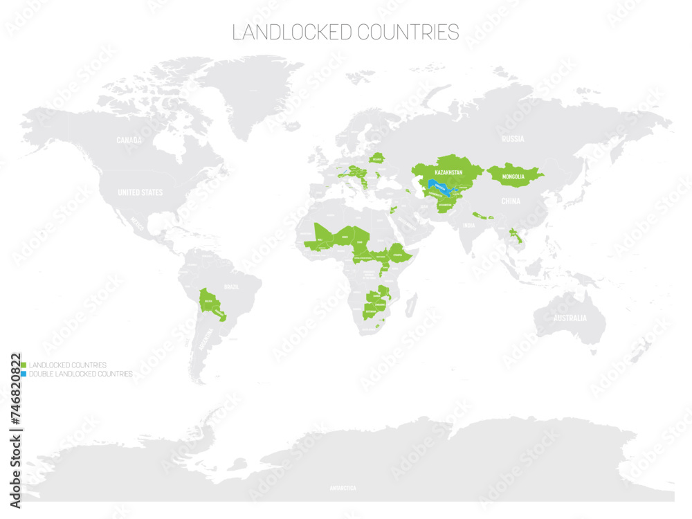 Political map of World with marked landlocked and double landlocked countries. Political map of World with marked landlocked and double landlocked countries.