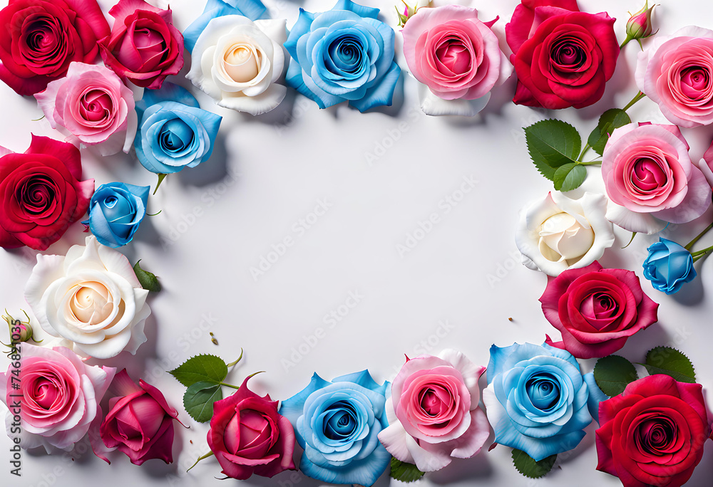 Landscape screenshot image of wonderful natural rose flowers border on white background
