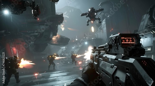 First-person shooter video games with a gun firing in high resolution and high quality. concept of first-person 3D shooting video games, games, shooting, console, weapons