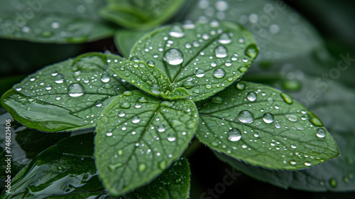 Fresh dew drops on green leaves