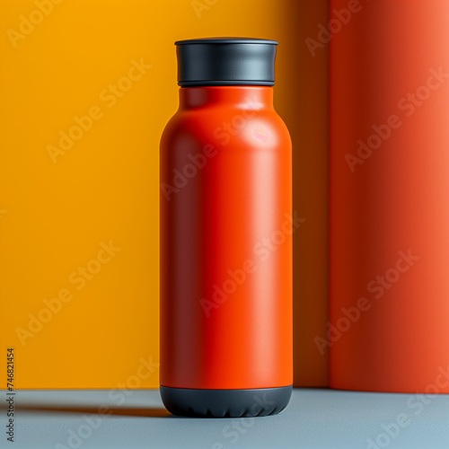 Modern orange insulated thermal bottle on colorful background