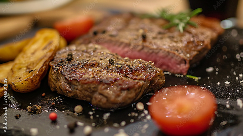 Steak Gericht close up in a rustic old wooden board . Generative Ai Steak Gericht close up in a rustic old wooden board . Generative Ai