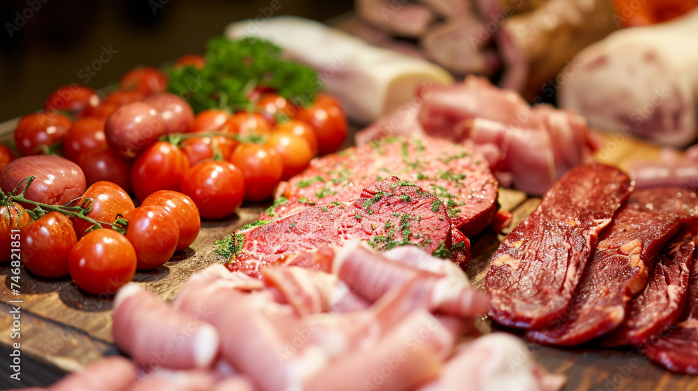 Panorama with large assortment of raw meat. Generative Ai Panorama with large assortment of raw meat. Generative Ai