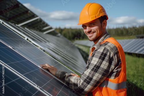 Portrait of a young male engineer or architect at a solar panel farm. The concept of clean energy