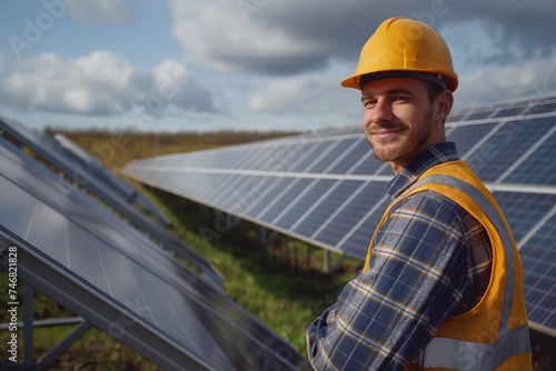 Portrait of a young male engineer or architect at a solar panel farm. The concept of clean energy © Тамара Печеная