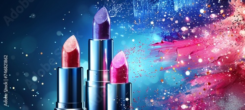 Lipstick and smudged stains on dark blue gradient background with space for text placement