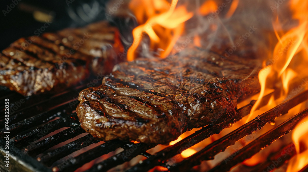steaks cooking over flaming grill. Generative Ai steaks cooking over flaming grill. Generative Ai