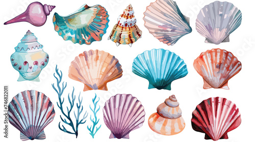 Seashells on isolated white background watercolor 