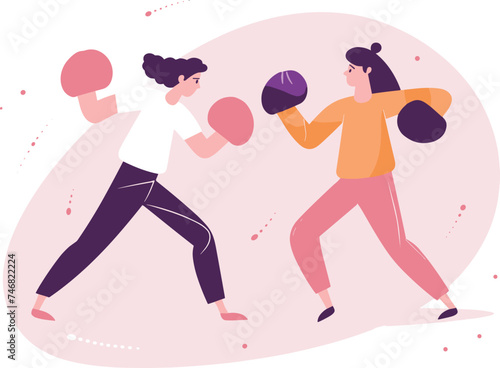 Two women practicing boxing, one in white and another in orange. Female boxers training, dynamic sports activity. Women's empowerment and fitness workout vector illustration.