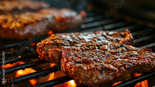 Tasty Beef steaks on the grill. Generative Ai