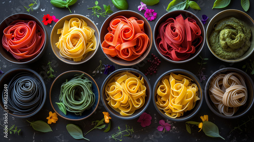 Bowls of colorful pasta. Long macaroni product in studio.