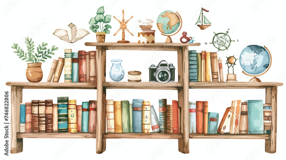 Shelves with books and decoration elements imaginary