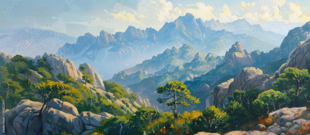 This painting portrays a majestic mountain range dotted with trees and rocks. The rugged terrain showcases the raw beauty of natures elements, with a focus on the diverse landscape.