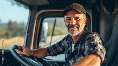 Professional senior male truck driver, wearing a shirt and a cap, sitting inside the truck cabin, smiling at the camera. Trucking transportation job worker, happy middle aged man