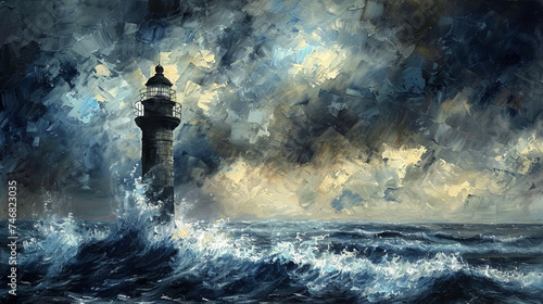 A solitary lighthouse stands defiantly against a stormy seascape, waves crashing against its weathered base