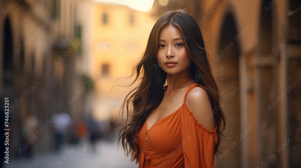 Sexy young brunette woman in orange dress walking in the old town. Asian woman walking through the streets of Europe. Travel concept.