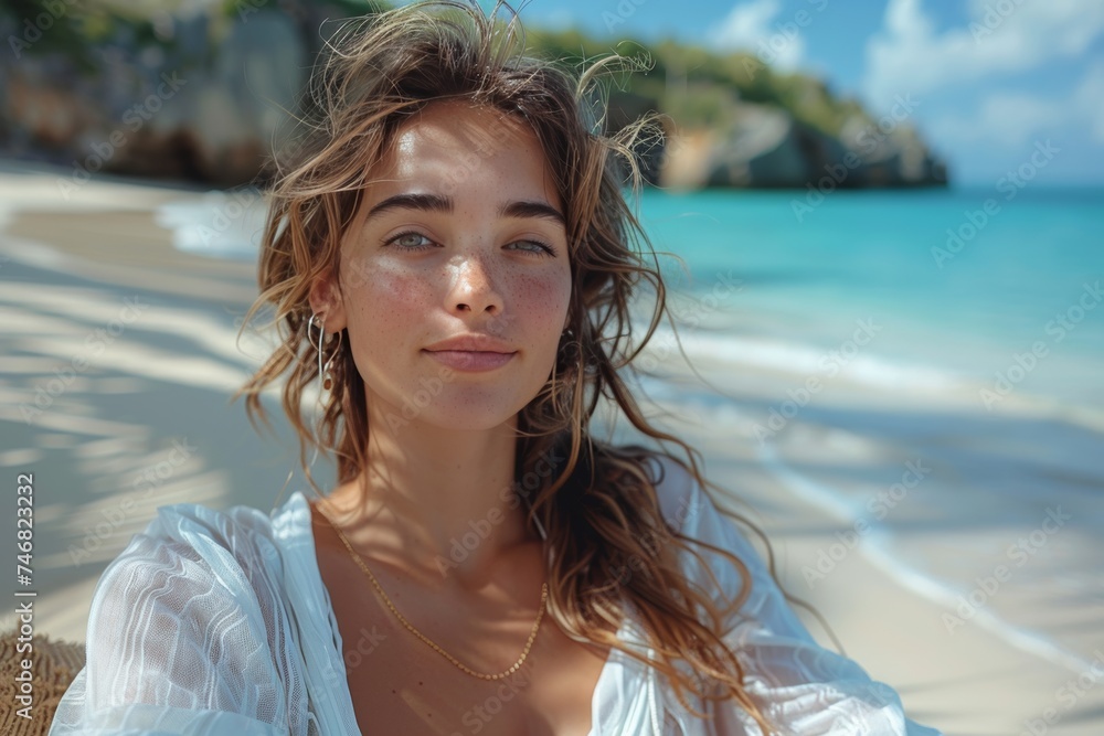 Tropical getaway: Woman relaxing on sunny beach, turquoise sea, palm trees view Tropical getaway: Woman relaxing on sunny beach, turquoise sea, palm trees view