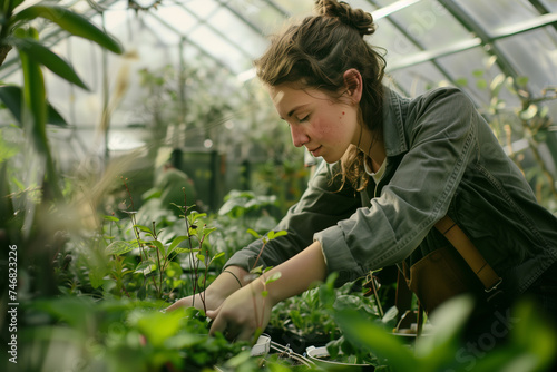 young woman tending plants in a lush greenhouse