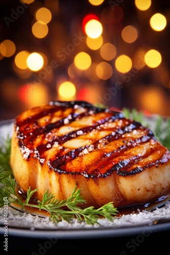 Grilled scallops with caramelized onions on a festive background. Selective focus.