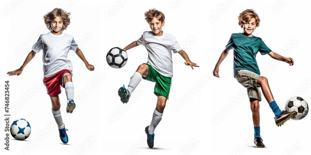 3 Boys soccer players in dynamic poses, isolated on a white background. Sport for youth 3 Boys soccer players in dynamic poses, isolated on a white background. Sport for youth