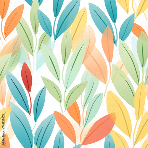 Seamless repeating pattern of various vividly colored leaves arranged on a white background.