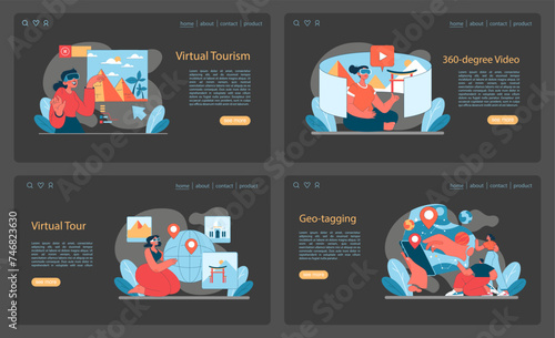 Virtual Tourism set. Innovative virtual travel experiences through detailed tours