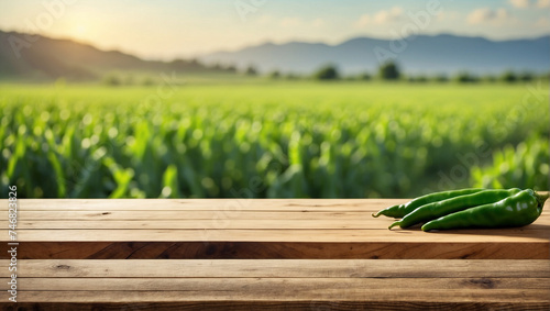 Empty wooden table for product display with green chili field background