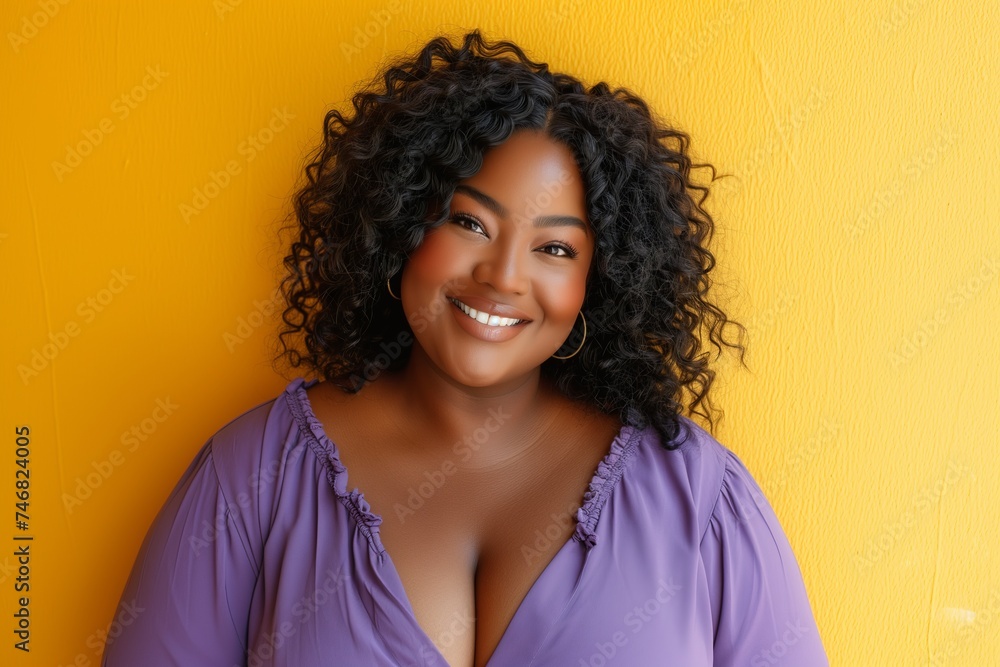 Plus size model smiling on yellow background wearing purple blouse Plus size model smiling on yellow background wearing purple blouse