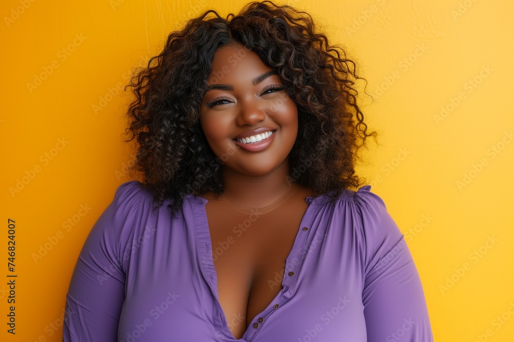 Plus size model smiling on yellow background wearing purple blouse Plus size model smiling on yellow background wearing purple blouse