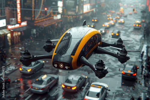 Futuristic urban transport: air taxi flying over city below