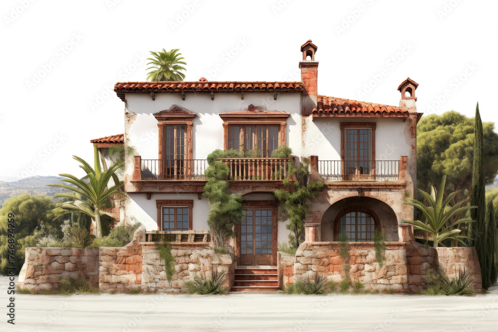 Rustic Spanish Hacienda Showcasing Stucco Walls and Traditional Tiled Roof Isolated on Transparent Background