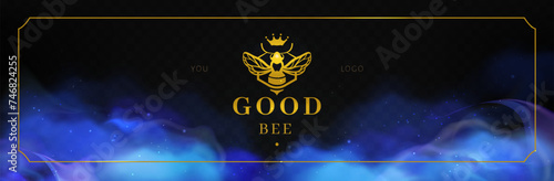 Gold bee logo with a crown  Blue Smoke background. Vector eps 10