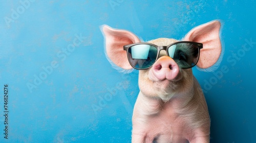 Pig with a sense of style  cute swine in sunglasses on pastel background with copy space © Ilja
