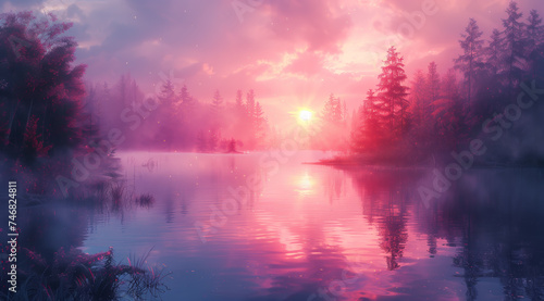 an art print of a painting of a lake and vegetation on, in the style of soft gradients, romantic illustration, light violet, 8k resolution, fictional landscapes, smokey background, light red and sky-b © EyeAmAmazed