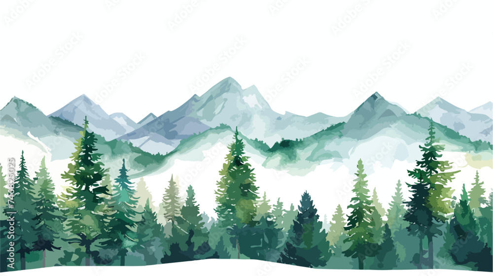 Watercolor Forest tree illustration. Mountain landscape - obrazy, fototapety, plakaty 