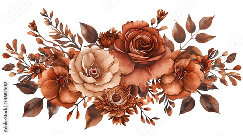 Fototapeta Naklejka Na Ścianę i Meble -  watercolor flower bouquet, roses, peony, aster, poppy, foliage, elegant, pale muted terracotta colors, cut out on white background. generative AI