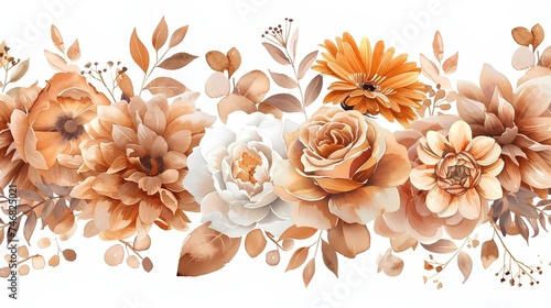 watercolor flower bouquet, roses, peony, aster, poppy, foliage, elegant, pale muted terracotta colors, cut out on white background. generative AI