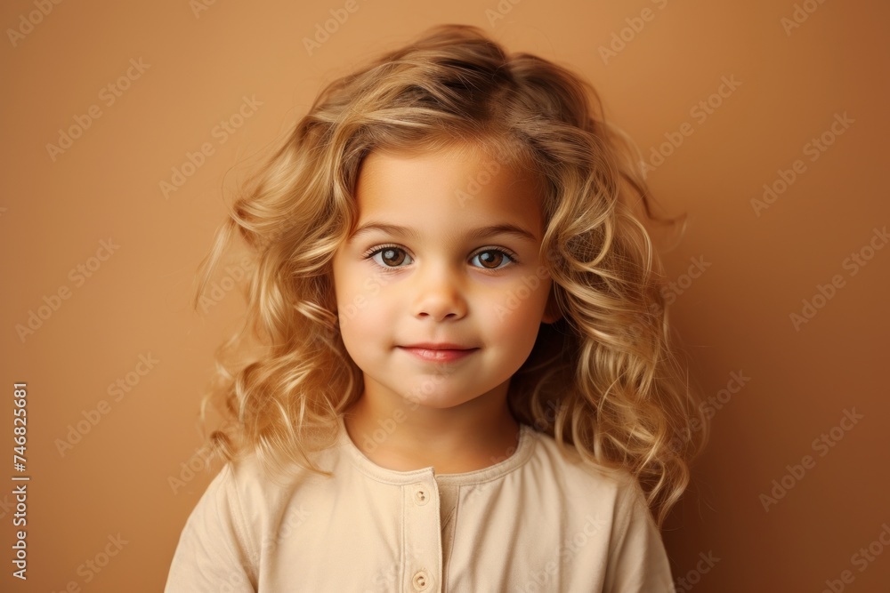 Portrait of a beautiful little girl with blond curly hair on a brown background Portrait of a beautiful little girl with blond curly hair on a brown background