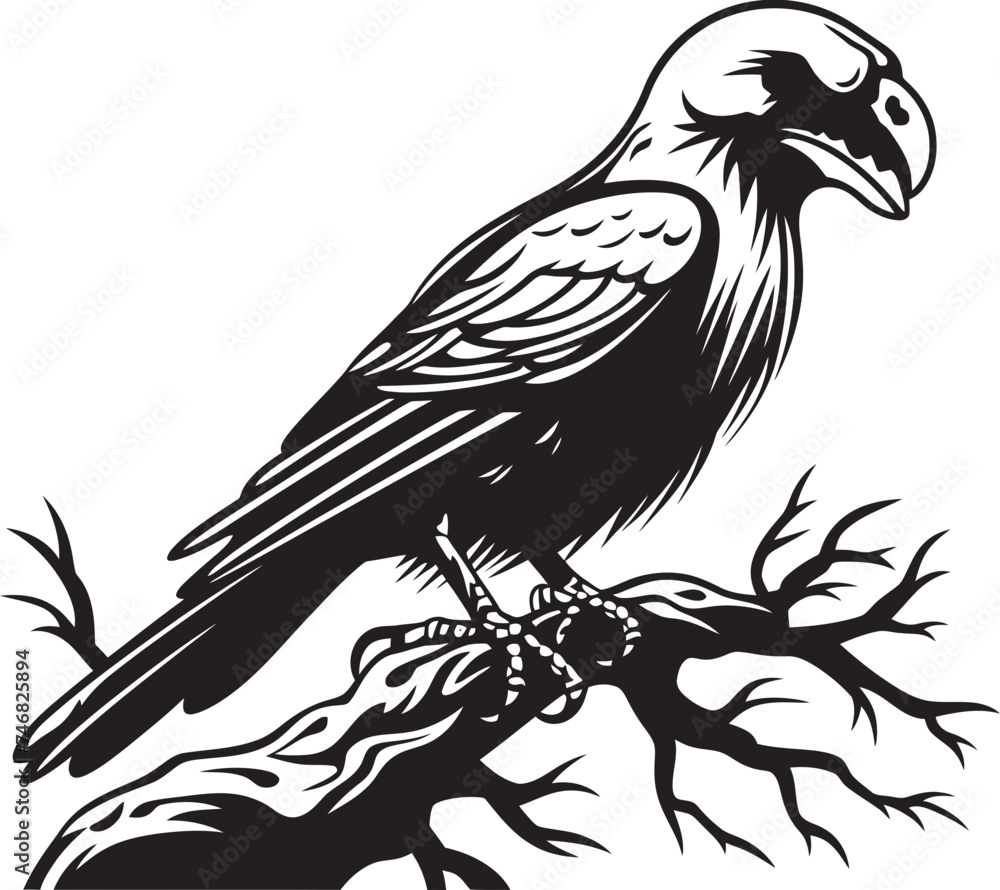 Dark Raven and Skull Icon Vector Graphic Symbolism Sinister Raven on Skull Emblem Vector Logo Design