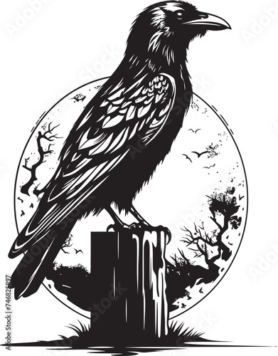 Mystic Raven and Skull Icon Vector Graphic Symbolism Gothic Raven atop Skull Symbol Vector Graphic Art