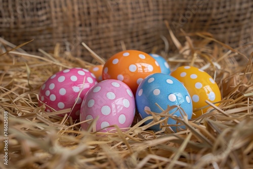 Cheerful polka-dotted Easter eggs nestled in a straw nest set against a warm burlap background photo