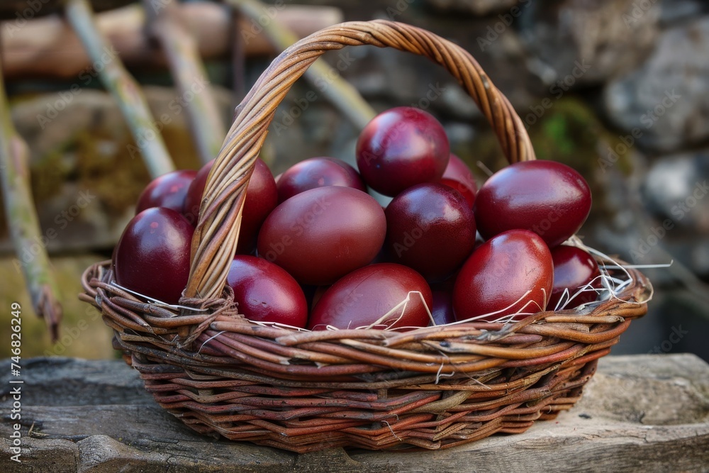 A basket filled with dark red eggs rests on an aged stone wall, blending tradition with natural rustic charm A basket filled with dark red eggs rests on an aged stone wall, blending tradition with natural rustic charm