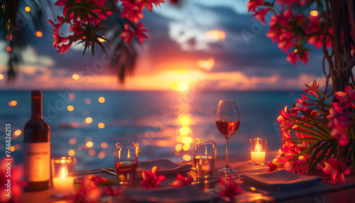 table setting at sunrise while on the beach front, in the style of romantic fantasy, photo-realistic landscapes, photo-realistic hyperbole © EyeAmAmazed