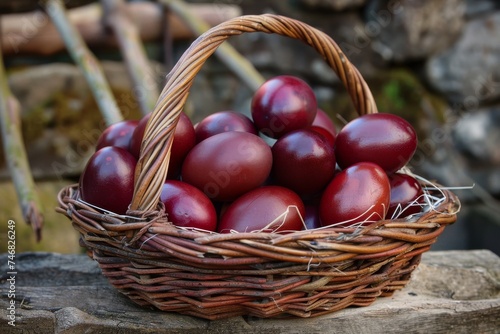 A basket filled with dark red eggs rests on an aged stone wall, blending tradition with natural rustic charm